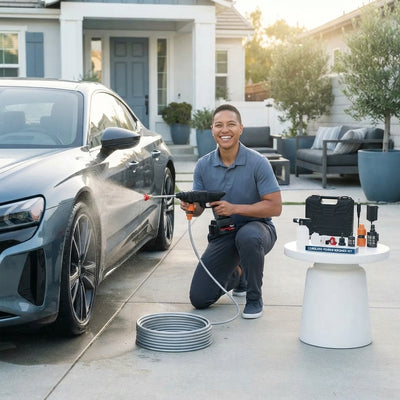 A person using a cordless pressure washer on a car in a clean, modern driveway, reflecting a professional and worry-free expe