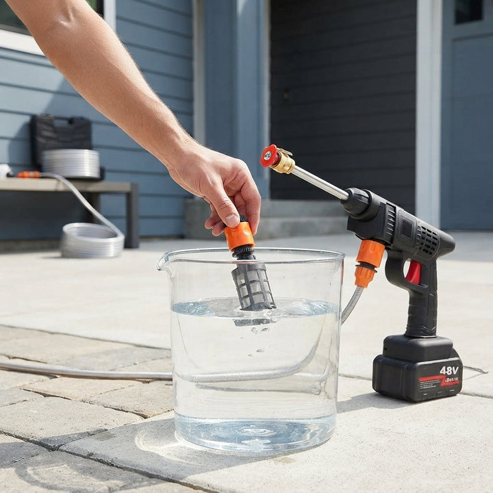 A hand placing the weighted filter hose of a cordless pressure washer into a water bucket for cleaning.